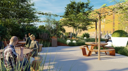 Animatie van het ontwerp van De Voortuin bij Bernhoven, met groene wandelpaden, beplanting en een picknickbank als ontmoetingsplek voor patiënten, naasten en medewerkers.